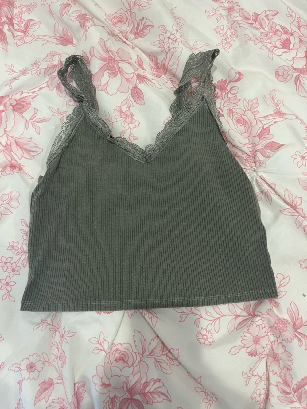 American Eagle Outfitters Olive Green Ribbed Lace Trim Tank